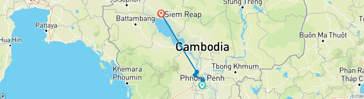 Map of 4-Day Upstream Mekong River Cruise Tours Tours From Phnom Penh To Siem Reap