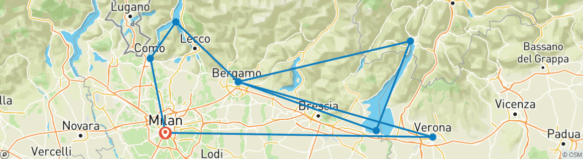 Mapa de Viaje de milán, tren Bernina y lagos del norte - 8 días