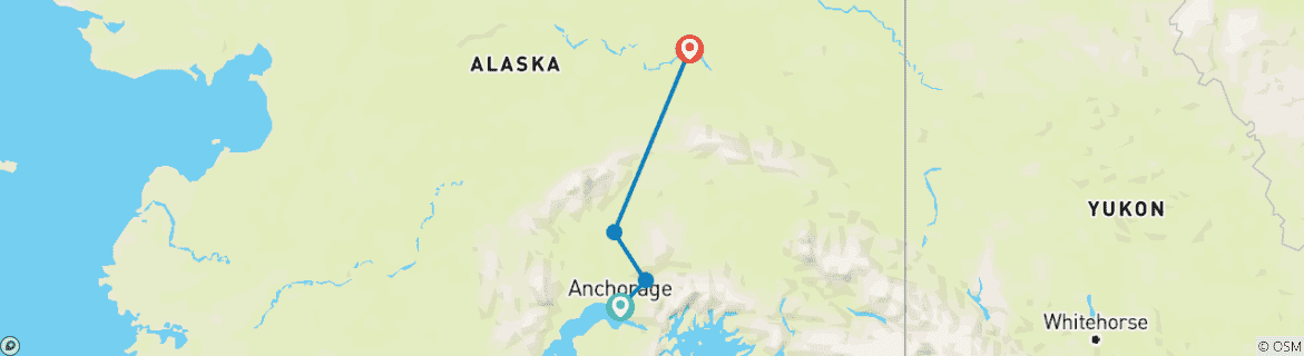 Map of Alaska's Northern Lights  (Fairbanks, AK to Anchorage, AK)