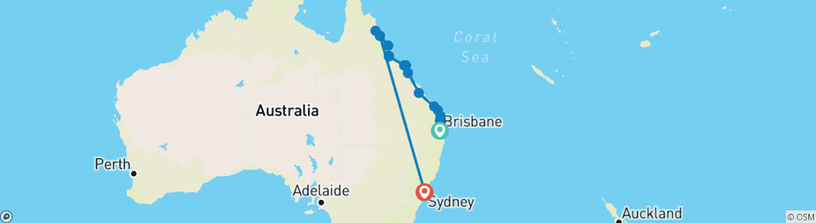 Mapa de Viaje por carretera a Australia: costa este y aventura en la naturaleza