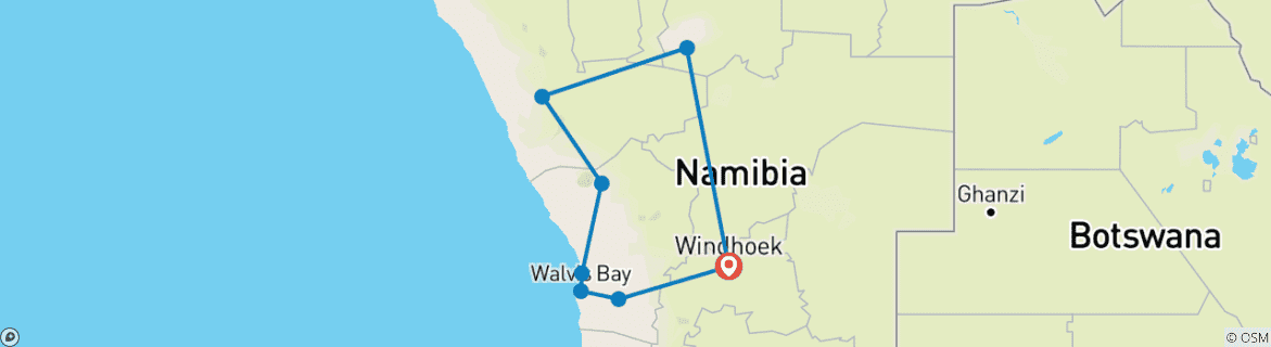 Kaart van Namibië Road Trip: Wildlife Lodges & Safari Avontuur