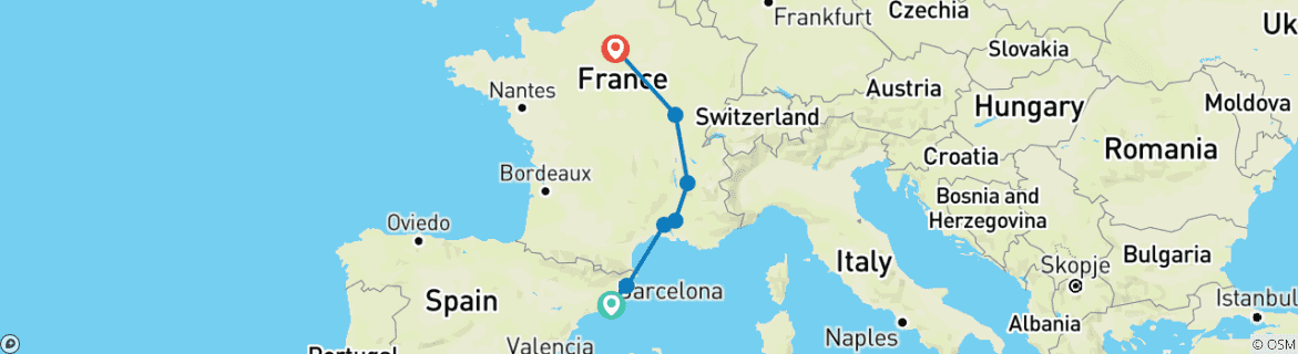 Map of Barcelona to Paris (8 destinations)