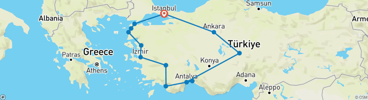 Image of a map showing the route of the tour