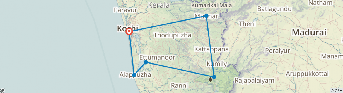 Map of Classic Kerala - 9 Days