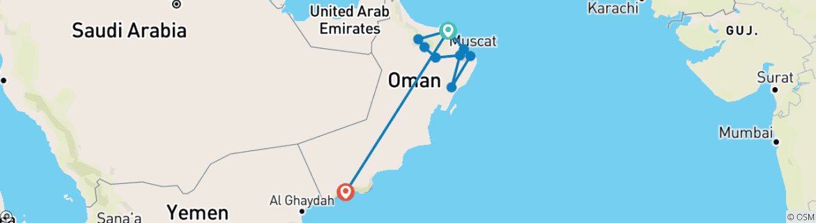 Kaart van Rondreis door Oman – van Muscat naar Salalah