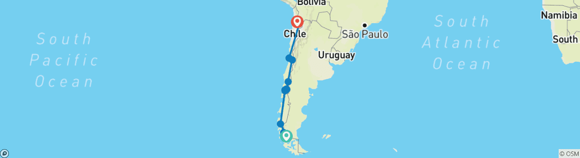 Map of All Chile from South to North With W-Trek and Navimag