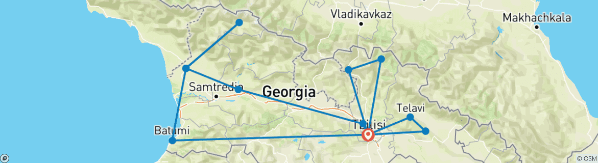 Map of Winter tour for the New Year in Georgia. Skiing and historical sites