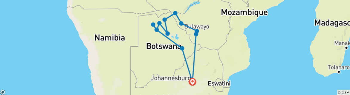 Mapa de 2024 16 días de campamento en Botsuana