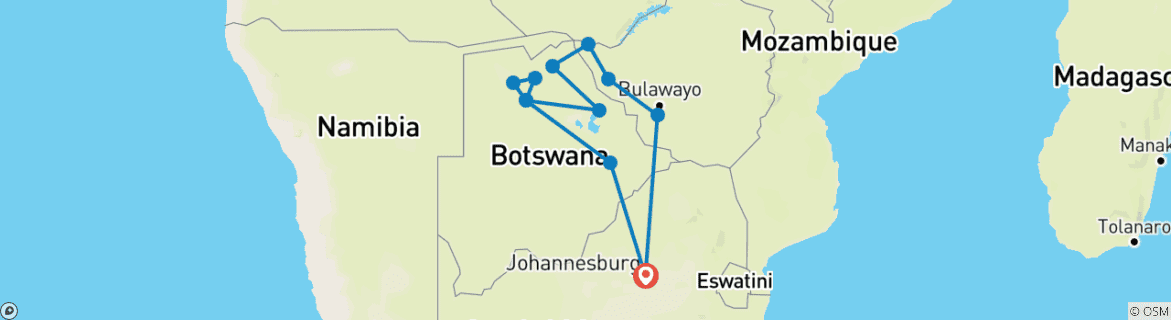 Mapa de 2024 viaje de 16 días a Botsuana con alojamiento