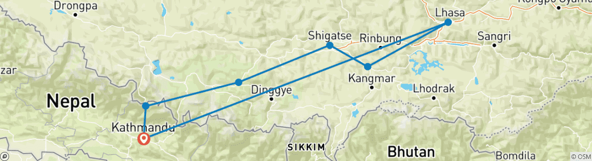 Map of Tibet Tour with EBC – Fly in Drive Out