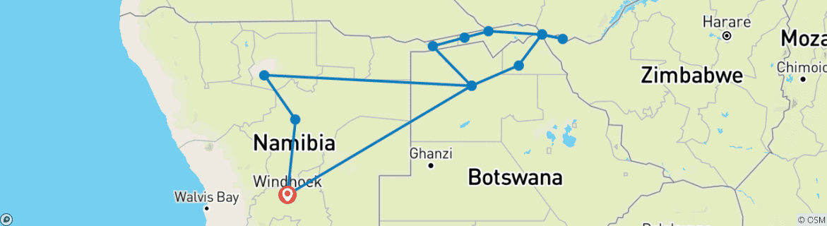 Map of Namibia/Botswana/Simbabwe - Rundreise durch Buschmannland, Caprivi und Victoriafälle