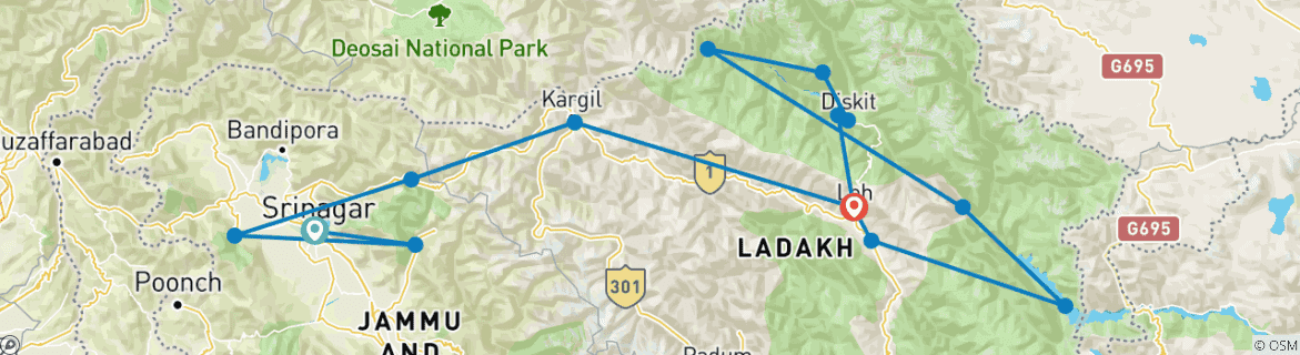 Kaart van Kasjmir Ladakh – een begeleide rondreis