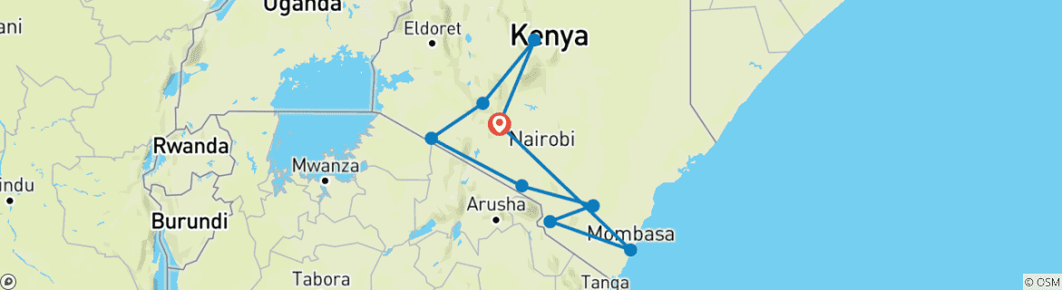 Map of 17 Days Best of Kenya Wilderness Gateway With Diani Beach Holiday