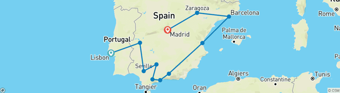Image of a map showing the route of the tour
