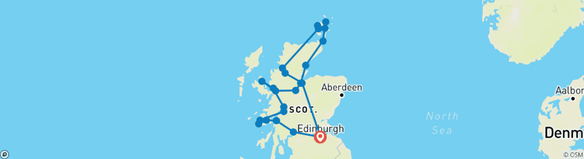 Mapa de 9 días Iona, Mull, Skye y Orcadas desde Edimburgo