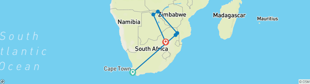 Map of Ultimate Cape Town, Kruger, Botswana & Victoria Falls - 10 Days Luxury Expeditions