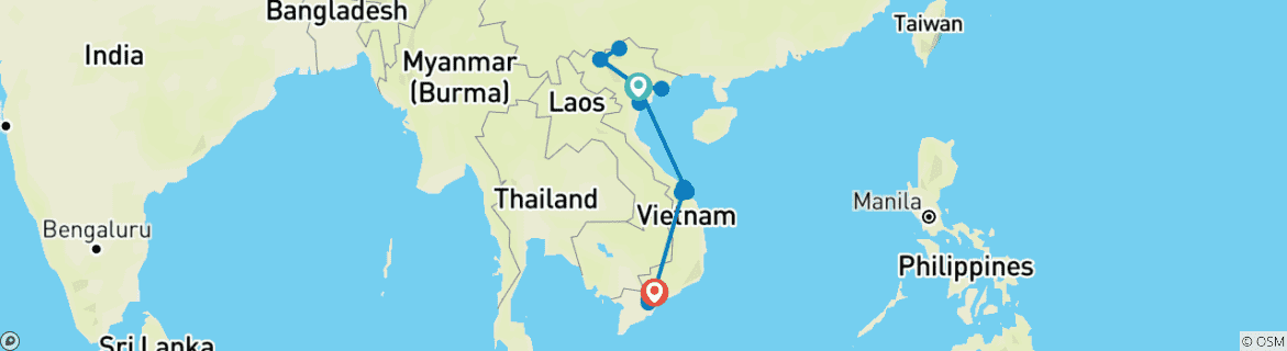 Map of 12 Days Highlight Vietnam from North down to South