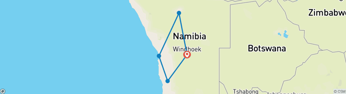 Map of 7-Day Sossusvlei, Swakopmund and Etosha National Park Luxury Tour