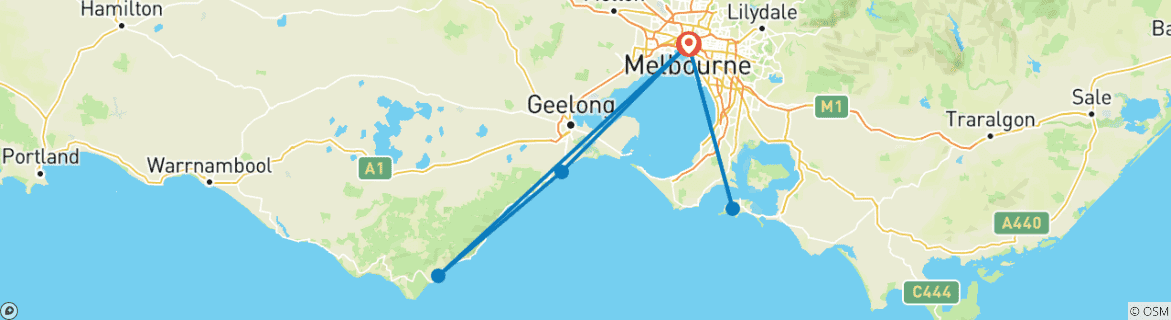 Mapa de Lo mejor de Melbourne con Great Ocean Road y Phillip Island