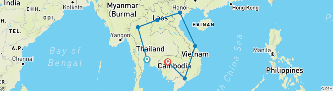 Kaart van Thailand, Laos, Vietnam & Cambodja - 21 dagen