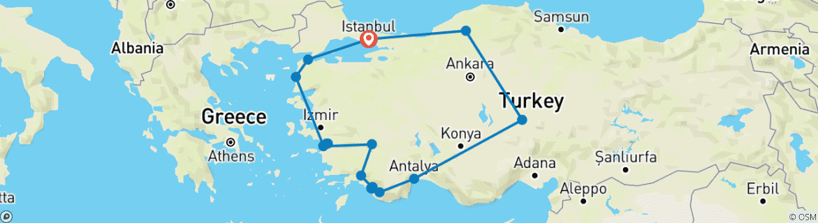 Karte von 14 Tage lang die herausragenden Schönheiten der Türkei auf einer privaten Tour