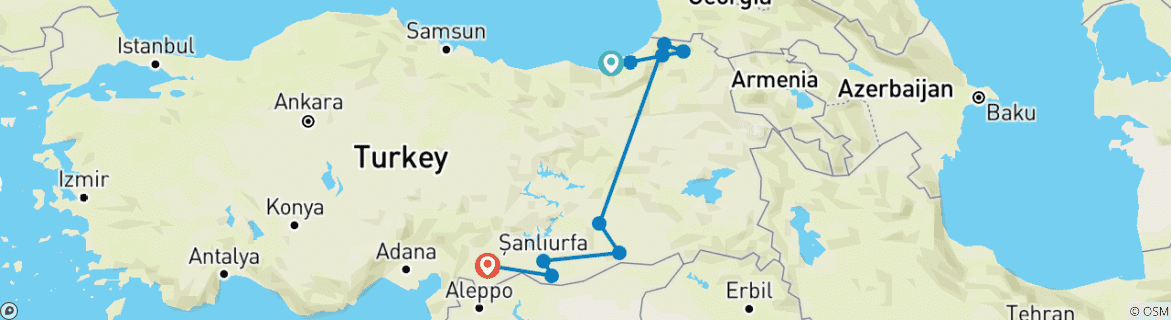 Kaart van Privéreis door Turkije – droom van de Zwarte Zee & de magie van Mesopotamië – Rize, Artvin, Mardin & Göbeklitepe – 9 dagen