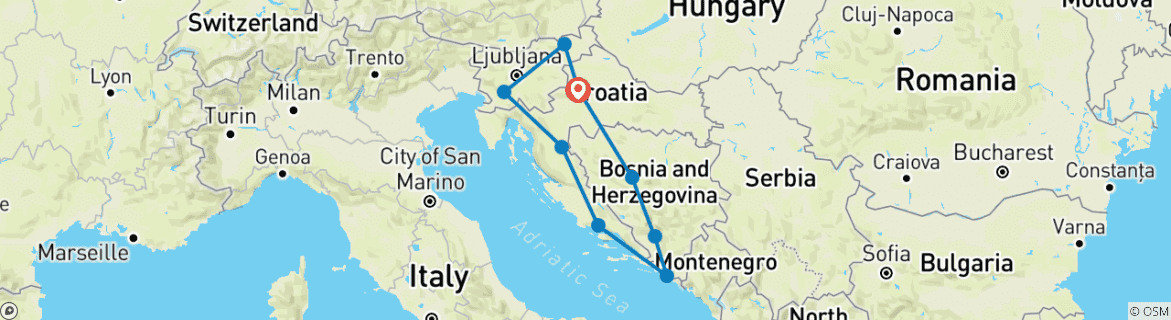 Map of 9 Days Zagreb, Sarajevo, Dubrovnik, Split, Opatija and Ljubljana