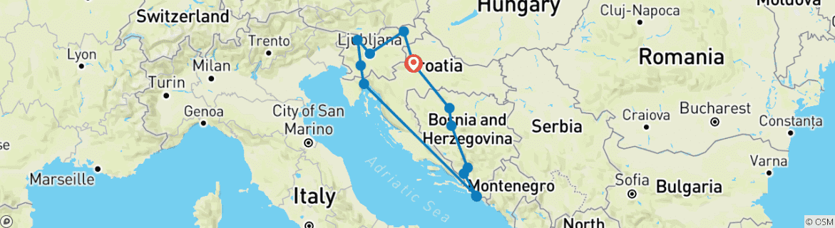 Map of 9 Days In Zagreb, Sarajevo, Dubrovnik, Split, Opatija and Ljubljana.