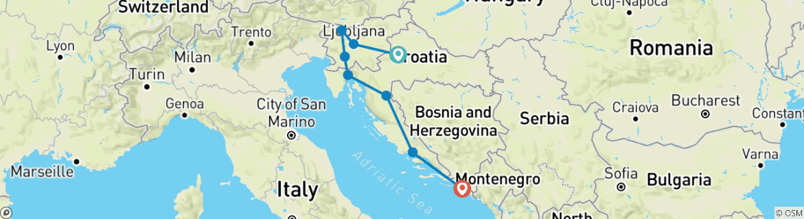 Karte von Zagreb, Liubliana, Bled, Plitvicer Seen, Split und Dubrovnik - 10 Tage