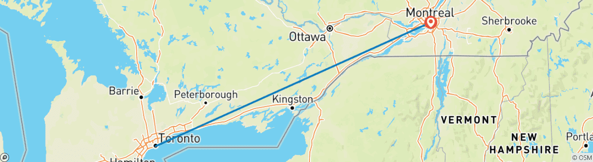 Map of Eastern Canada City Stay: Toronto and Montreal