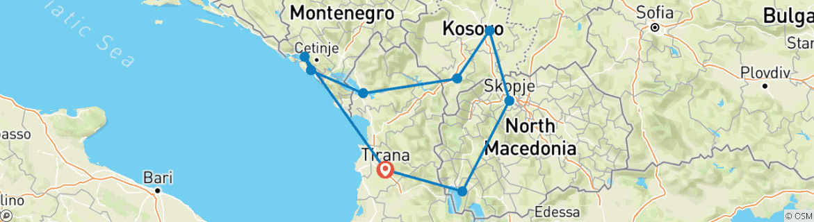 Map of Tour of Kosovo, Montenegro & North  Macedonia in 3 Days from Albania