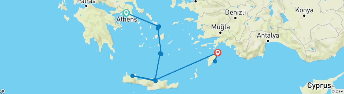 Map of 13 Days in Greece from Athens To Rhodes.