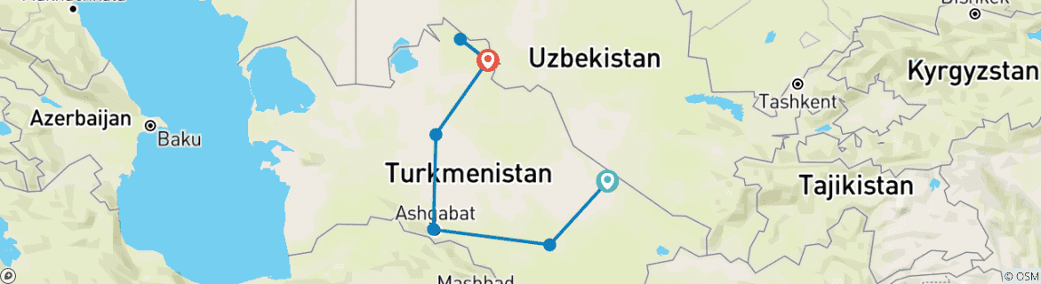 Map of Central Asia Tour - Turkmenistan Part from and to Uzbekistan