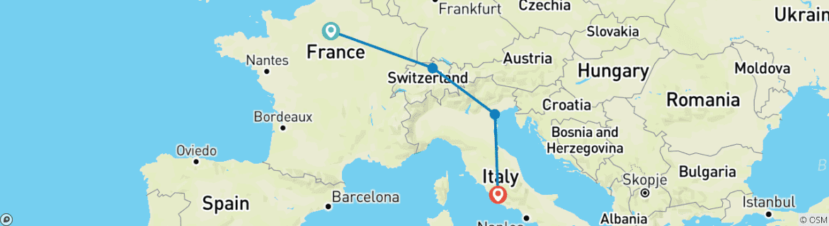 Map of France, Switzerland and Italy Escapade