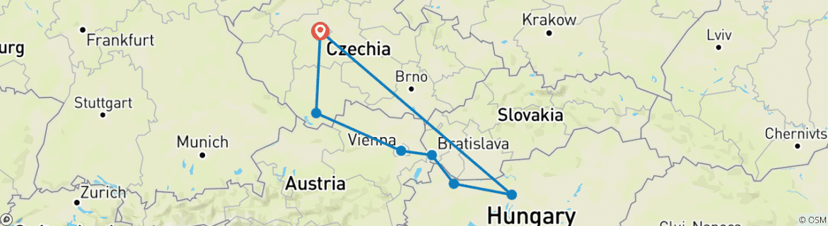 Carte du circuit Europe centrale classique - Prague - Vienne - Bratislava - Budapest