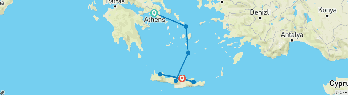 Map of 13 Days Athens, Mykonos, Santorini & Crete.