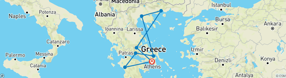 Map of 10 Days Athens, Olympia, Delphi, Kalambaka, Thessaloniki, Kavala and Chalkidiki.