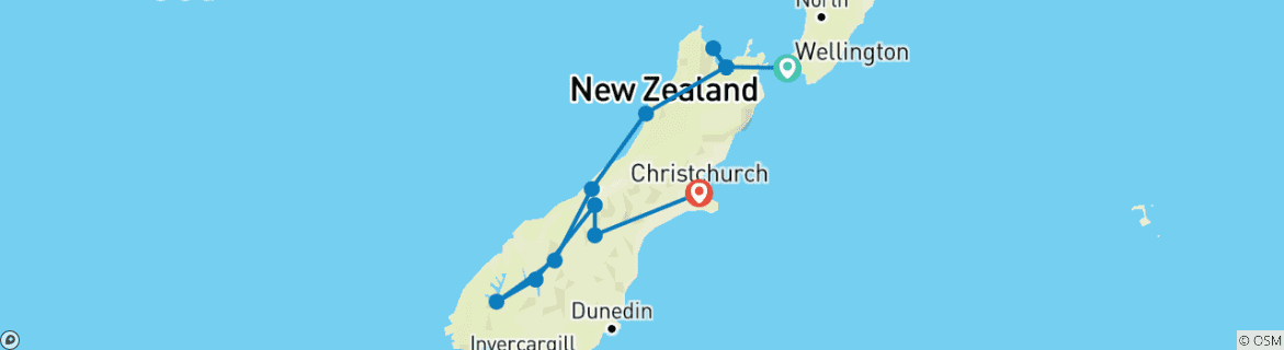 Map of Wellington & South Island - 14 days