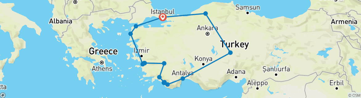 Map of 14 days of Turkey's prominent beauties with a group tour