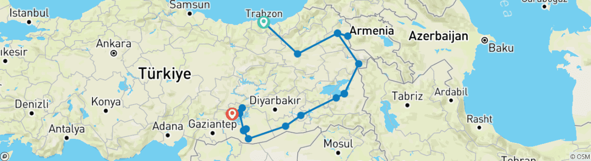 Carte du circuit Odyssée privée de 12 jours dans l'est de la Turquie : Trabzon, Kars et Ani, le mont Ararat, le lac de Van, Mardin et le mont Nemrut