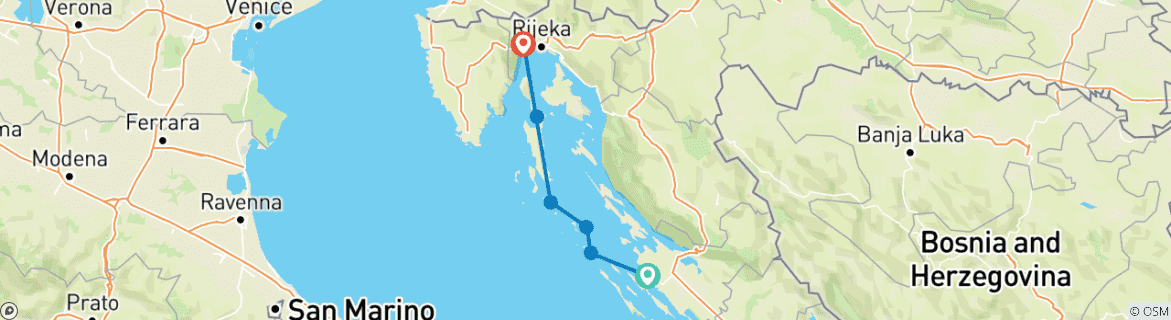 Map of Zadar to Opatija Express Premium Plus - 6 days