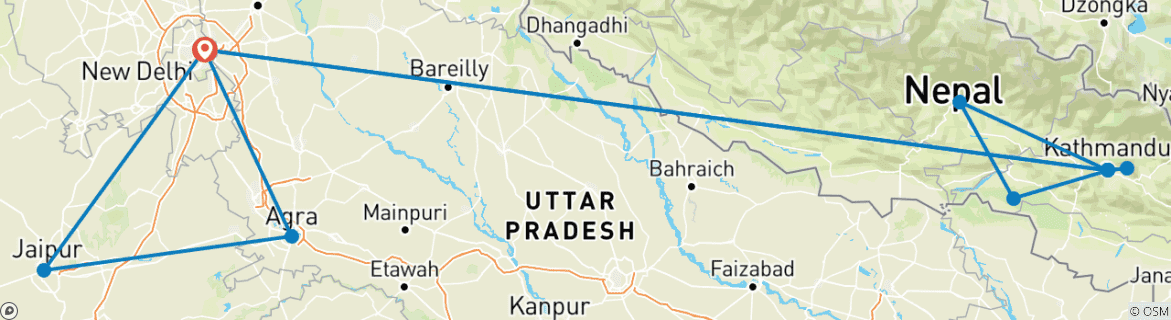 Foto van een kaart met de route van de rondreis