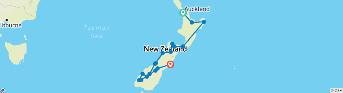 Karte von Von Auckland nach Christchurch - 16 Tage