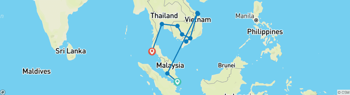 Kaart van Aziatisch avontuur: landen hoppen door Zuidoost-Azië