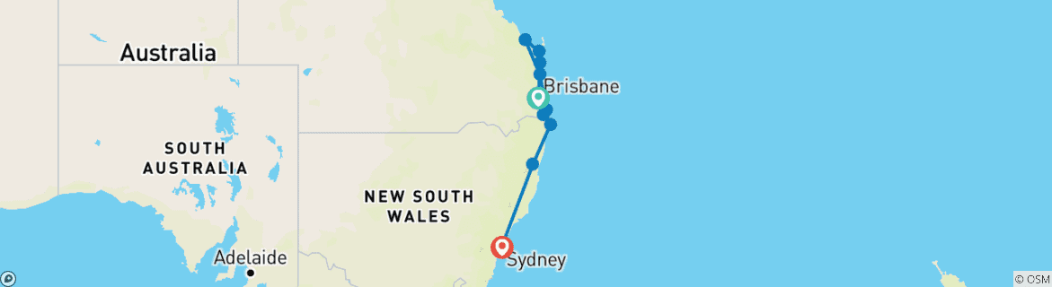 Mapa de Vida en furgoneta en Australia: ¡Bienaventuranza en la costa este y junto a la playa! (from Brisbane to Sidney)