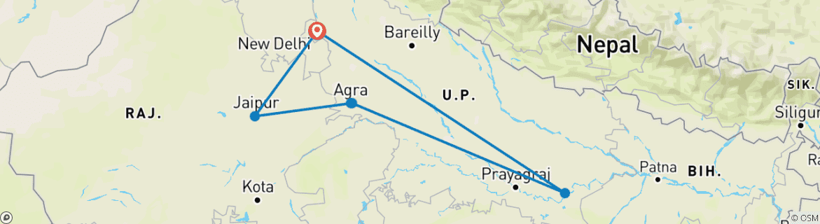 Map of Golden Triangle Tour with Varanasi 7 Days