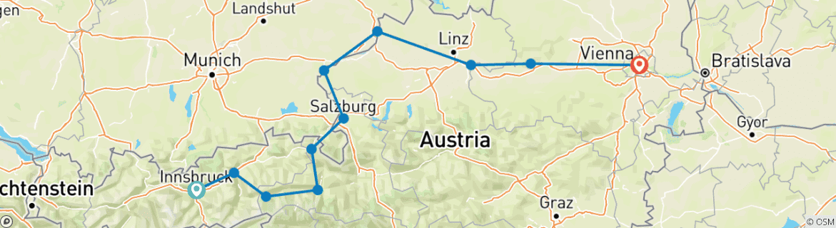 Map of Innsbruck - Salzburg - Vienna Cycle Tour - 13 days