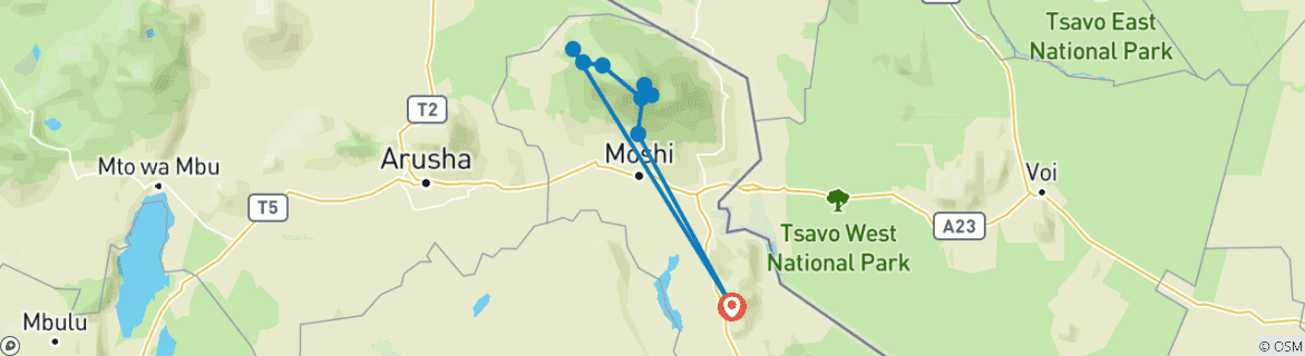 Mapa de Ascensión al KiLimanjaro por la ruta Lemosho 10 días - alojamiento y transporte incluidos