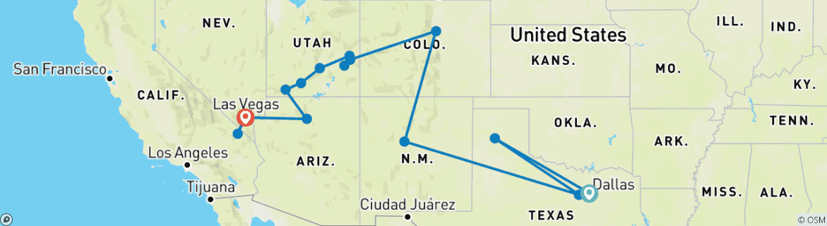 Map of USA: National Parks Road Trip (End Las Vegas, 12 Days)