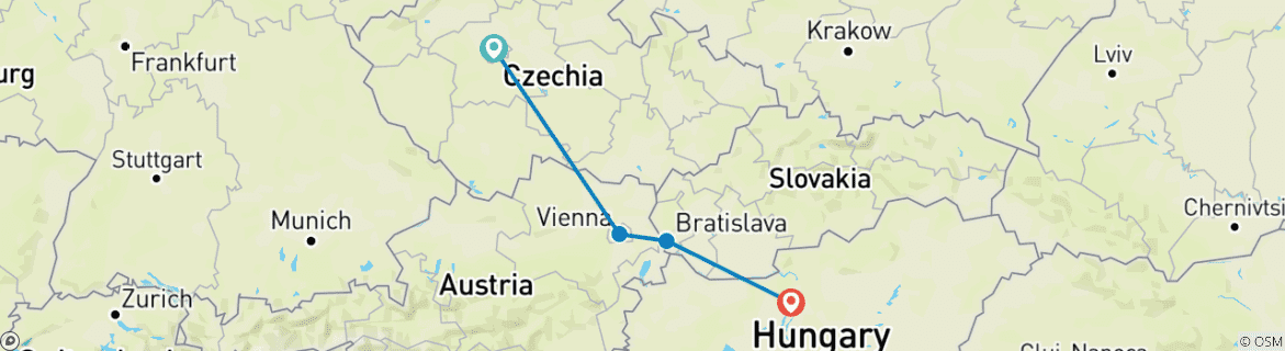 Map of 4 Countries of Eastern Europe in 9 Days (Prague, Vienna, Bratislava and Budapest)